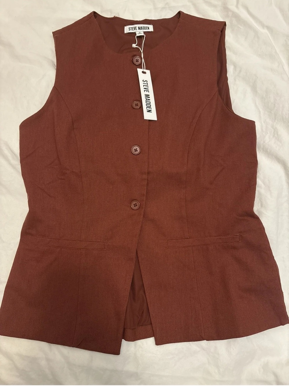 Steve Madden quiet luxury minimalist linen Burnt Orange Button-Up Vest